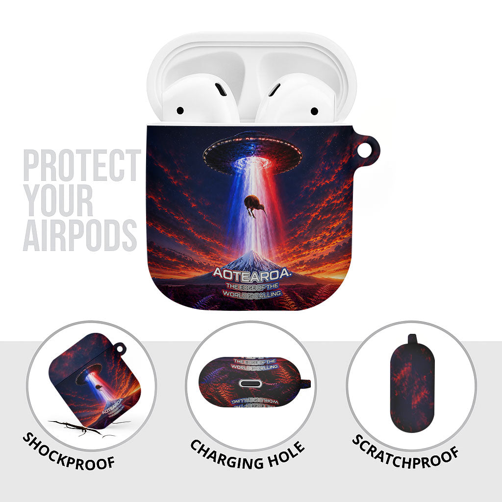 New Zealand Aotearoa Kiwi UFO AirPods Case Sci-Fi Galaxy Sunset Sky Tower And Mountain