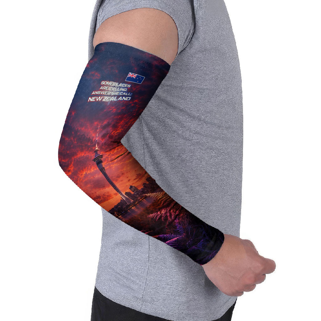 New Zealand Aotearoa Kiwi UFO Arm Sleeves Sci-Fi Galaxy Sunset Sky Tower And Mountain
