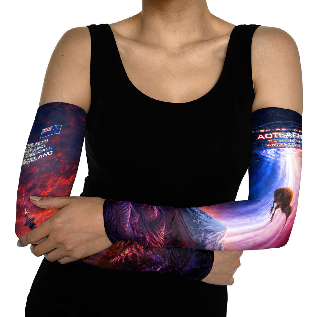 New Zealand Aotearoa Kiwi UFO Arm Sleeves Sci-Fi Galaxy Sunset Sky Tower And Mountain