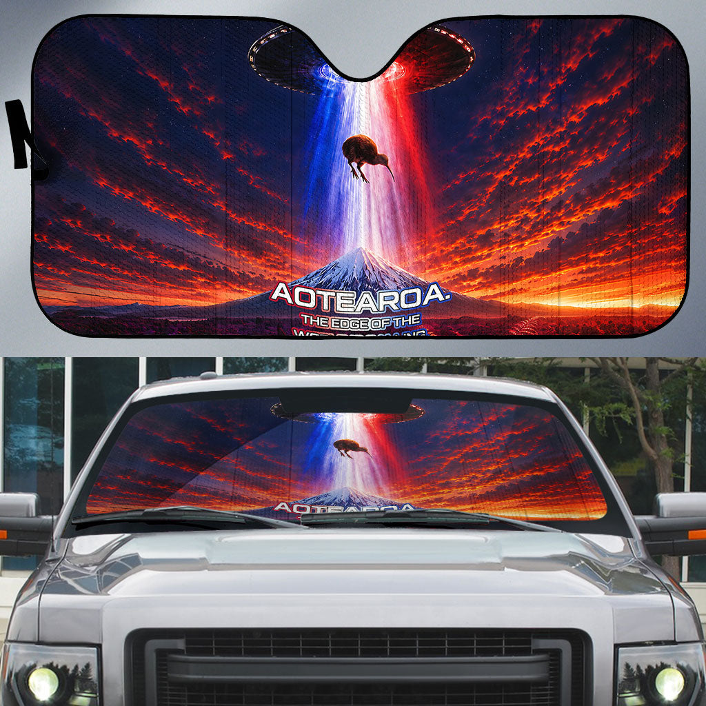 New Zealand Aotearoa Kiwi UFO Auto Sun Shade Sci-Fi Galaxy Sunset Sky Tower And Mountain