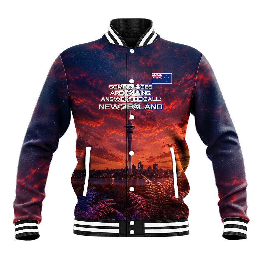 New Zealand Aotearoa Kiwi UFO Baseball Jacket Sci-Fi Galaxy Sunset Sky Tower And Mountain