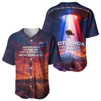 New Zealand Aotearoa Kiwi UFO Baseball Jersey Sci-Fi Galaxy Sunset Sky Tower And Mountain