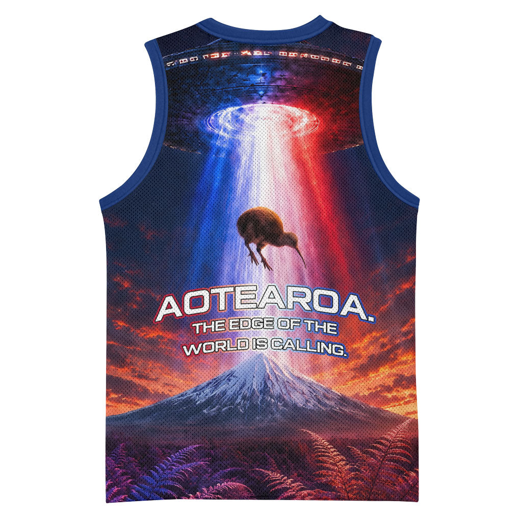 New Zealand Aotearoa Kiwi UFO Basketball Jersey Sci-Fi Galaxy Sunset Sky Tower And Mountain