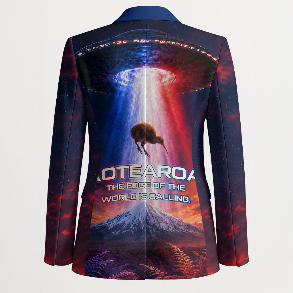 New Zealand Aotearoa Kiwi UFO Blazer Sci-Fi Galaxy Sunset Sky Tower And Mountain