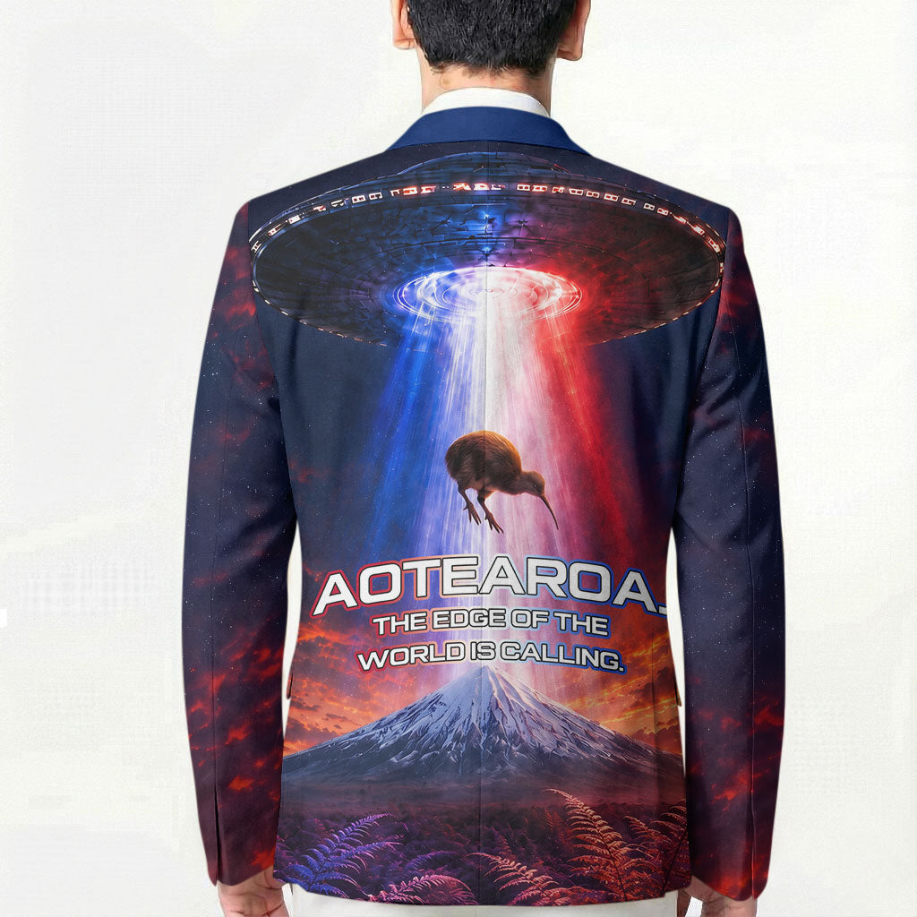 New Zealand Aotearoa Kiwi UFO Blazer Sci-Fi Galaxy Sunset Sky Tower And Mountain