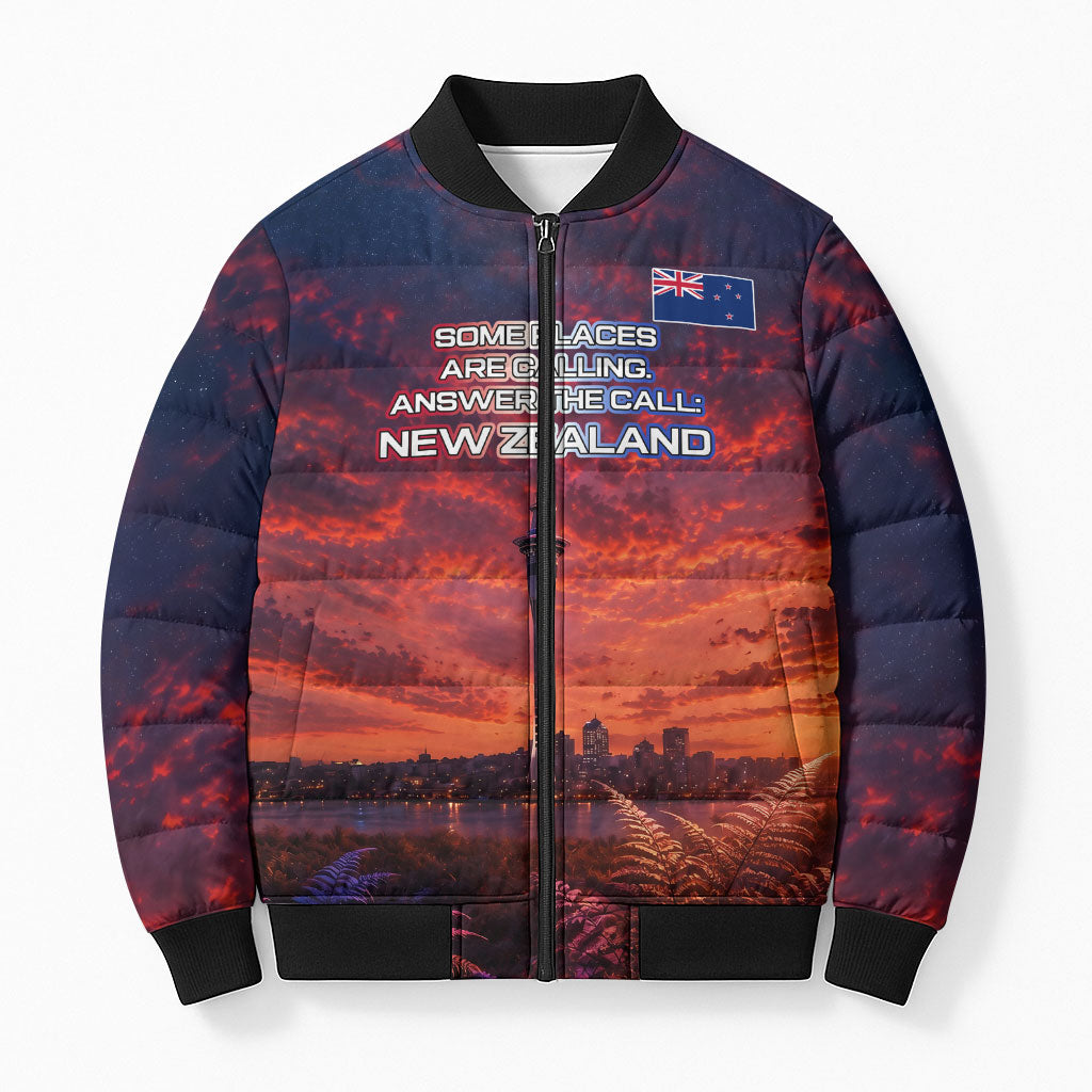 New Zealand Aotearoa Kiwi UFO Bomber Puffer Jacket Sci-Fi Galaxy Sunset Sky Tower And Mountain