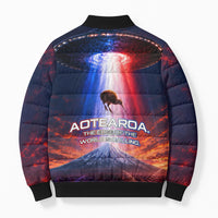 New Zealand Aotearoa Kiwi UFO Bomber Puffer Jacket Sci-Fi Galaxy Sunset Sky Tower And Mountain
