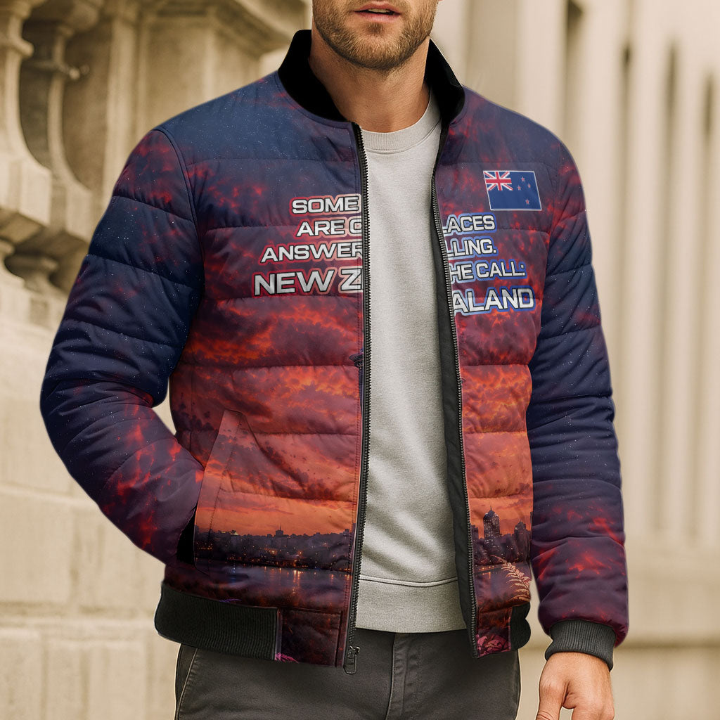 New Zealand Aotearoa Kiwi UFO Bomber Puffer Jacket Sci-Fi Galaxy Sunset Sky Tower And Mountain