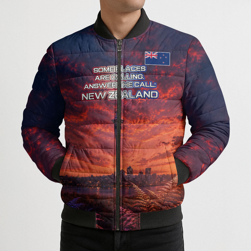 New Zealand Aotearoa Kiwi UFO Bomber Puffer Jacket Sci-Fi Galaxy Sunset Sky Tower And Mountain