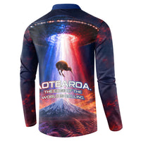 New Zealand Aotearoa Kiwi UFO Button Sweatshirt Sci-Fi Galaxy Sunset Sky Tower And Mountain