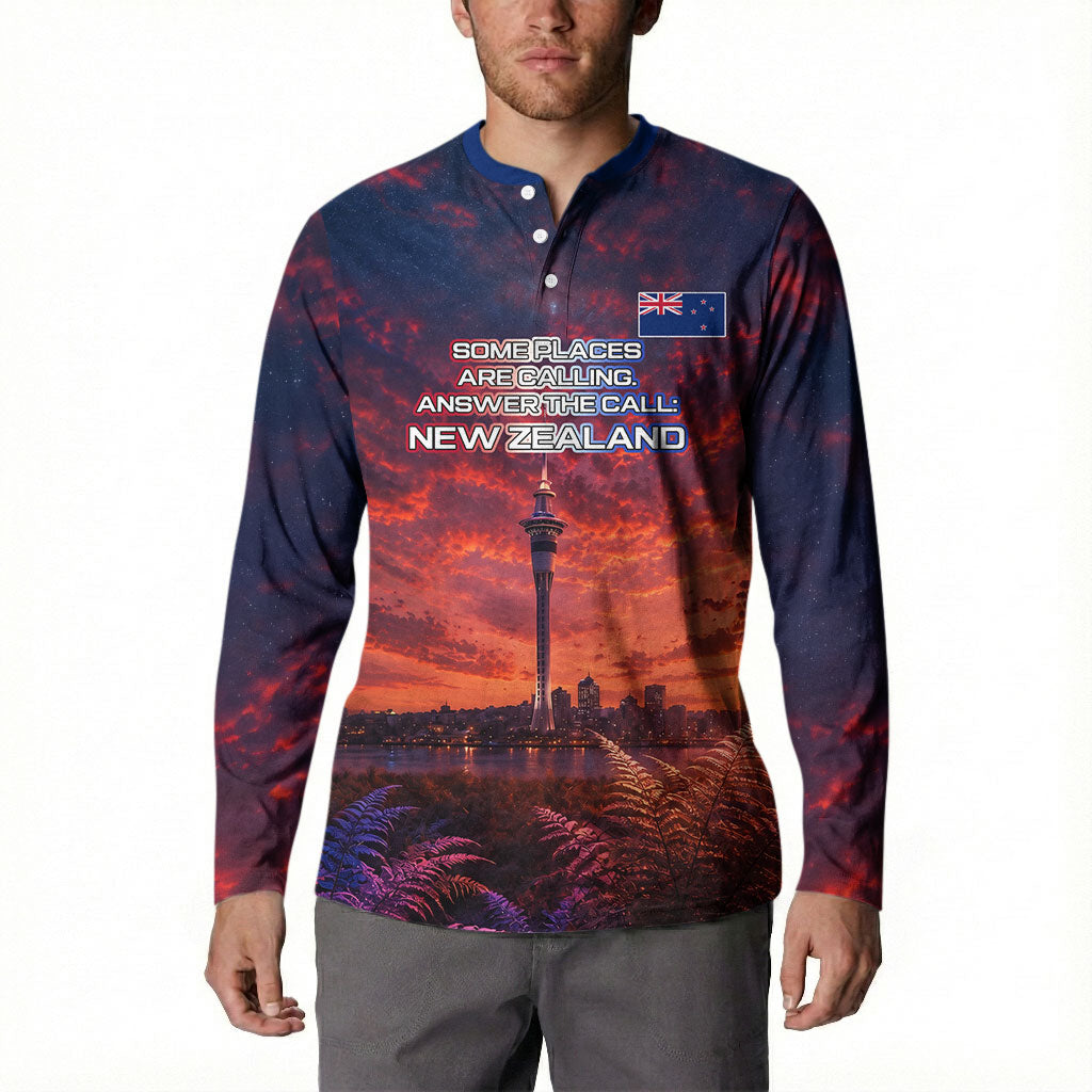 New Zealand Aotearoa Kiwi UFO Button Sweatshirt Sci-Fi Galaxy Sunset Sky Tower And Mountain