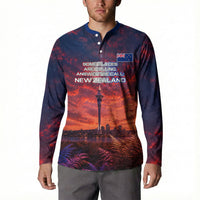 New Zealand Aotearoa Kiwi UFO Button Sweatshirt Sci-Fi Galaxy Sunset Sky Tower And Mountain