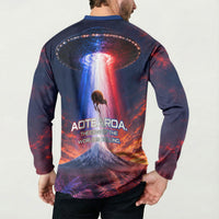 New Zealand Aotearoa Kiwi UFO Button Sweatshirt Sci-Fi Galaxy Sunset Sky Tower And Mountain