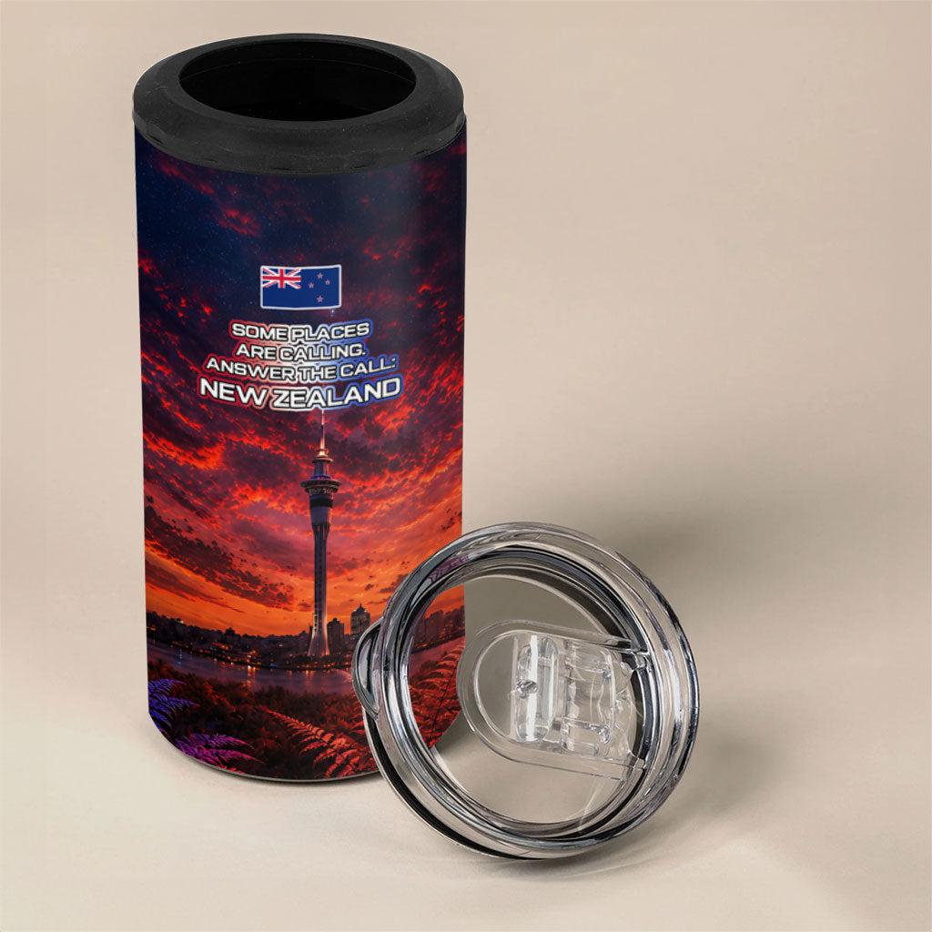 New Zealand Aotearoa Kiwi UFO 4 in 1 Can Cooler Tumbler Sci-Fi Galaxy Sunset Sky Tower And Mountain