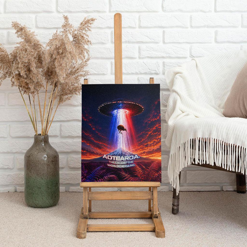 New Zealand Aotearoa Kiwi UFO Canvas Wall Art Sci-Fi Galaxy Sunset Sky Tower And Mountain