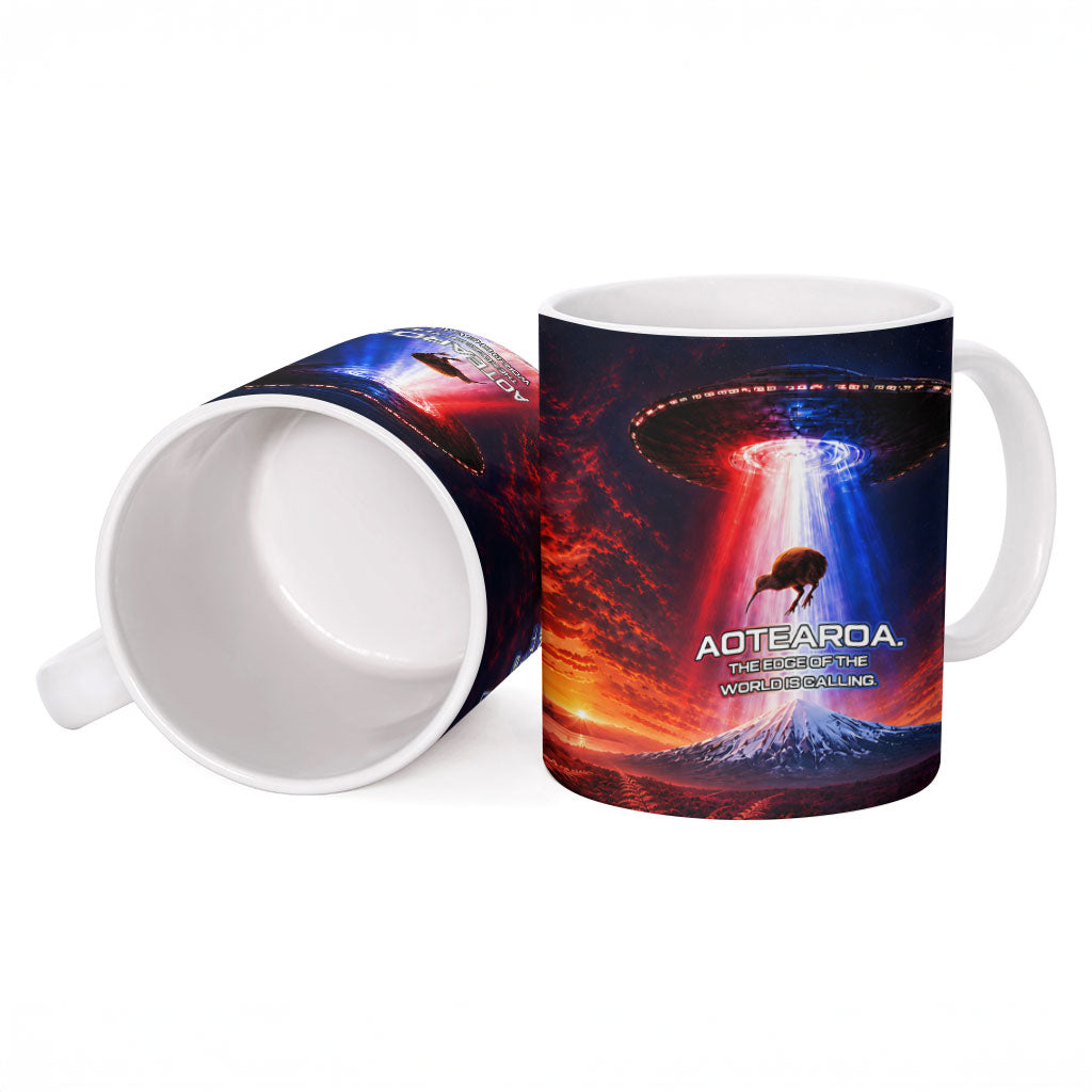 New Zealand Aotearoa Kiwi UFO Ceramic Mug Sci-Fi Galaxy Sunset Sky Tower And Mountain
