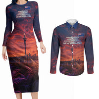 New Zealand Aotearoa Kiwi UFO Couples Matching Long Sleeve Bodycon Dress and Long Sleeve Button Shirt Sci-Fi Galaxy Sunset Sky Tower And Mountain