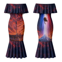 New Zealand Aotearoa Kiwi UFO Couples Matching Mermaid Dress and Hawaiian Shirt Sci-Fi Galaxy Sunset Sky Tower And Mountain