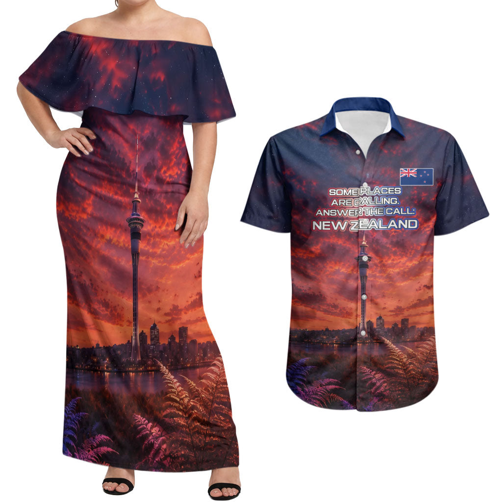 New Zealand Aotearoa Kiwi UFO Couples Matching Off Shoulder Maxi Dress and Hawaiian Shirt Sci-Fi Galaxy Sunset Sky Tower And Mountain
