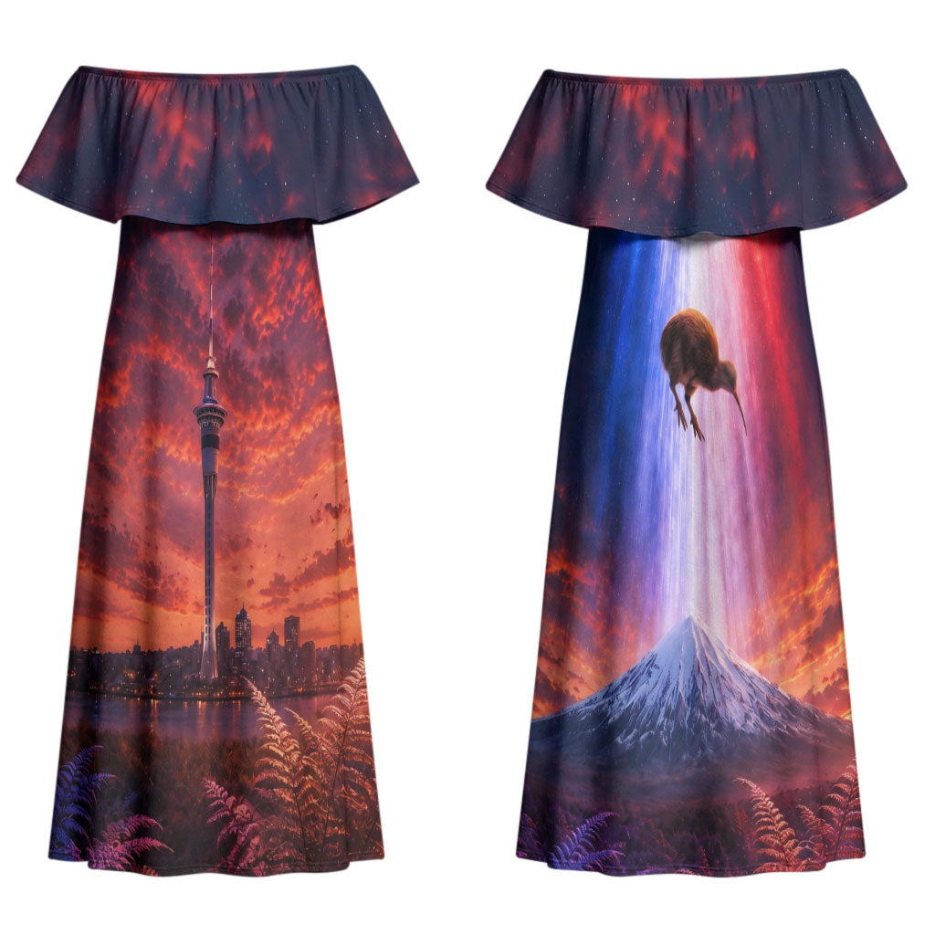 New Zealand Aotearoa Kiwi UFO Couples Matching Off Shoulder Maxi Dress and Long Sleeve Button Shirt Sci-Fi Galaxy Sunset Sky Tower And Mountain