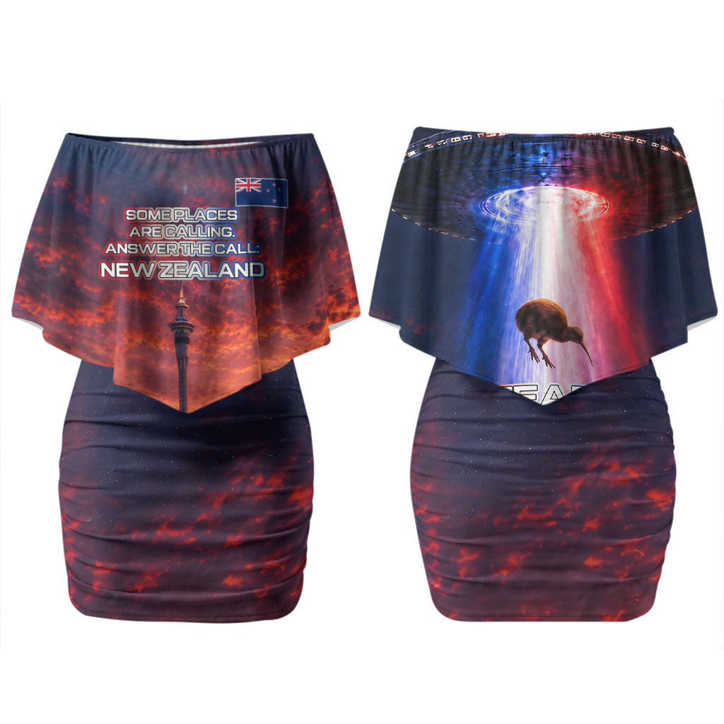 New Zealand Aotearoa Kiwi UFO Couples Matching Off Shoulder Short Dress and Long Sleeve Button Shirt Sci-Fi Galaxy Sunset Sky Tower And Mountain