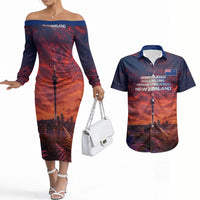 New Zealand Aotearoa Kiwi UFO Couples Matching Off The Shoulder Long Sleeve Dress and Hawaiian Shirt Sci-Fi Galaxy Sunset Sky Tower And Mountain