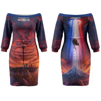 New Zealand Aotearoa Kiwi UFO Couples Matching Off The Shoulder Long Sleeve Dress and Long Sleeve Button Shirt Sci-Fi Galaxy Sunset Sky Tower And Mountain