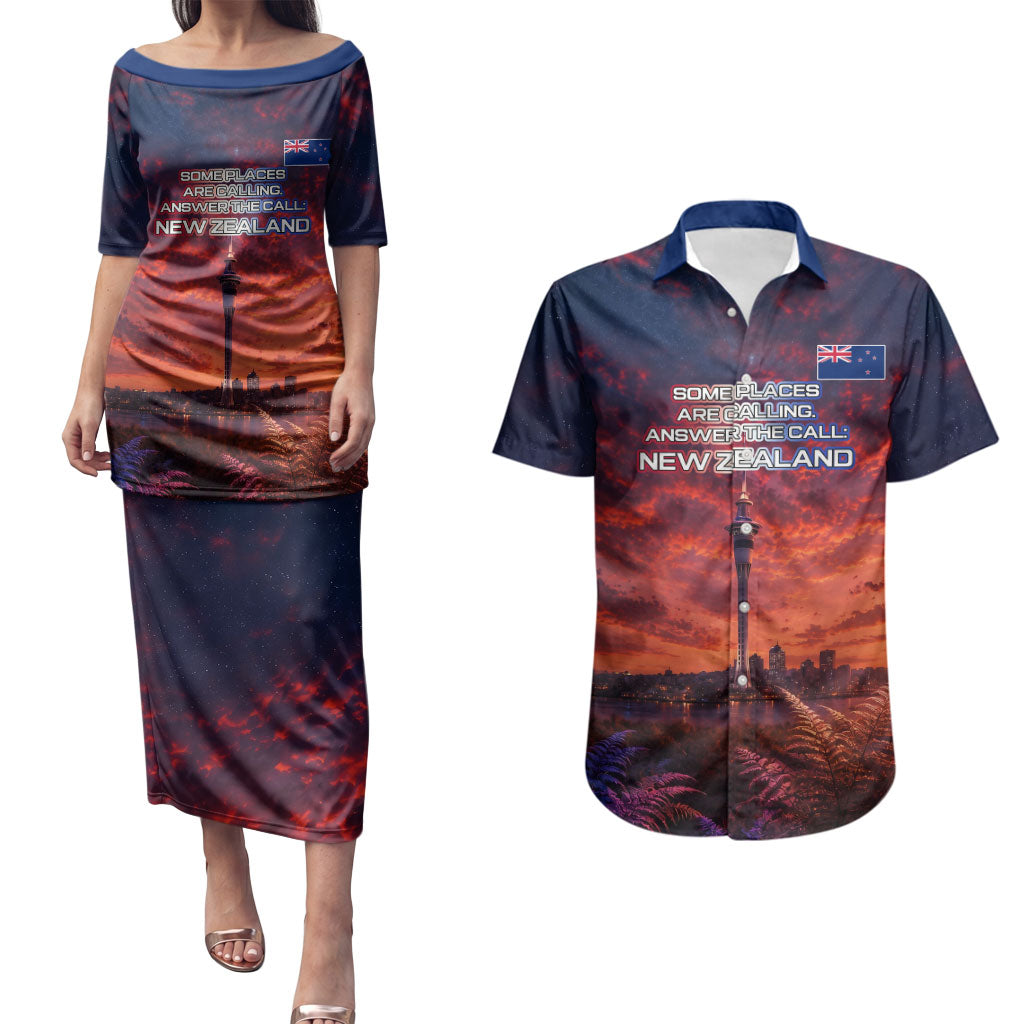 New Zealand Aotearoa Kiwi UFO Couples Matching Puletasi and Hawaiian Shirt Sci-Fi Galaxy Sunset Sky Tower And Mountain