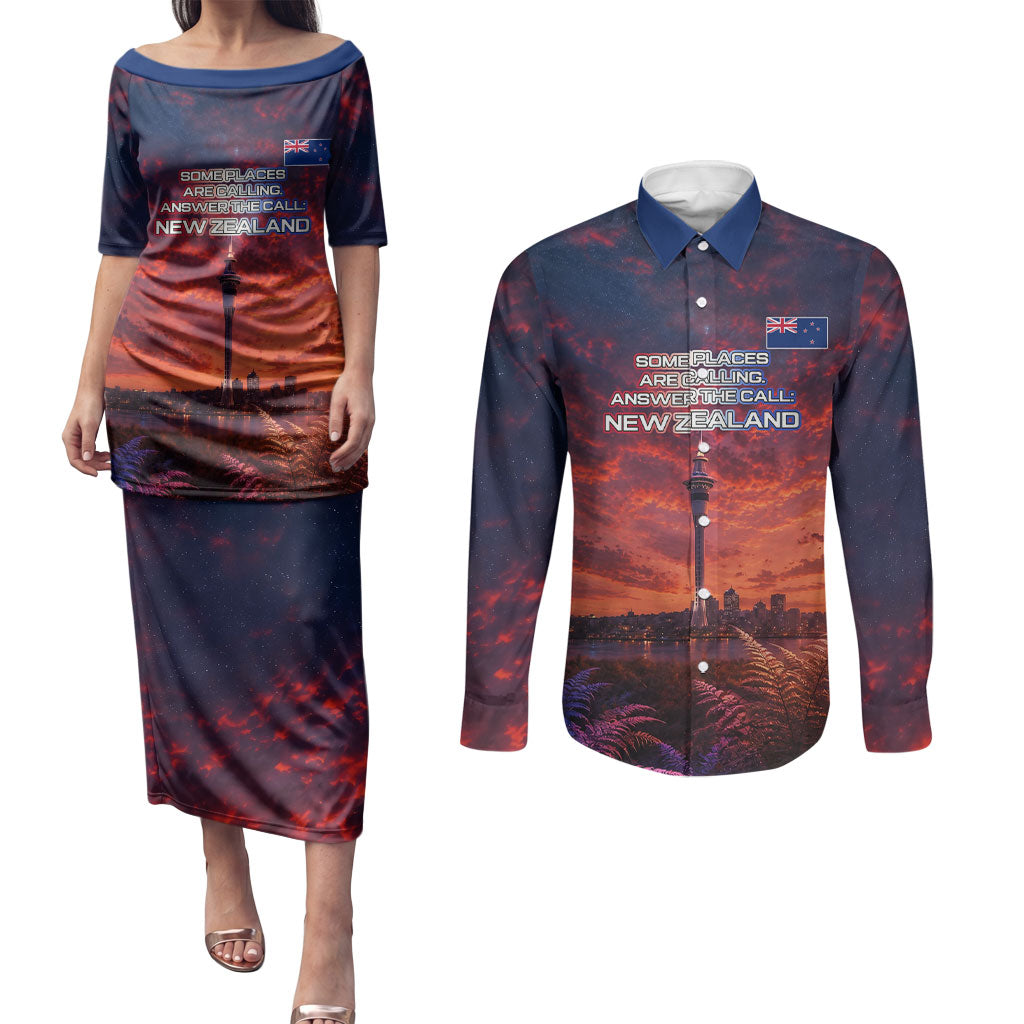 New Zealand Aotearoa Kiwi UFO Couples Matching Puletasi and Long Sleeve Button Shirt Sci-Fi Galaxy Sunset Sky Tower And Mountain