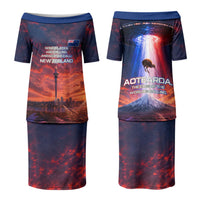 New Zealand Aotearoa Kiwi UFO Couples Matching Puletasi and Long Sleeve Button Shirt Sci-Fi Galaxy Sunset Sky Tower And Mountain