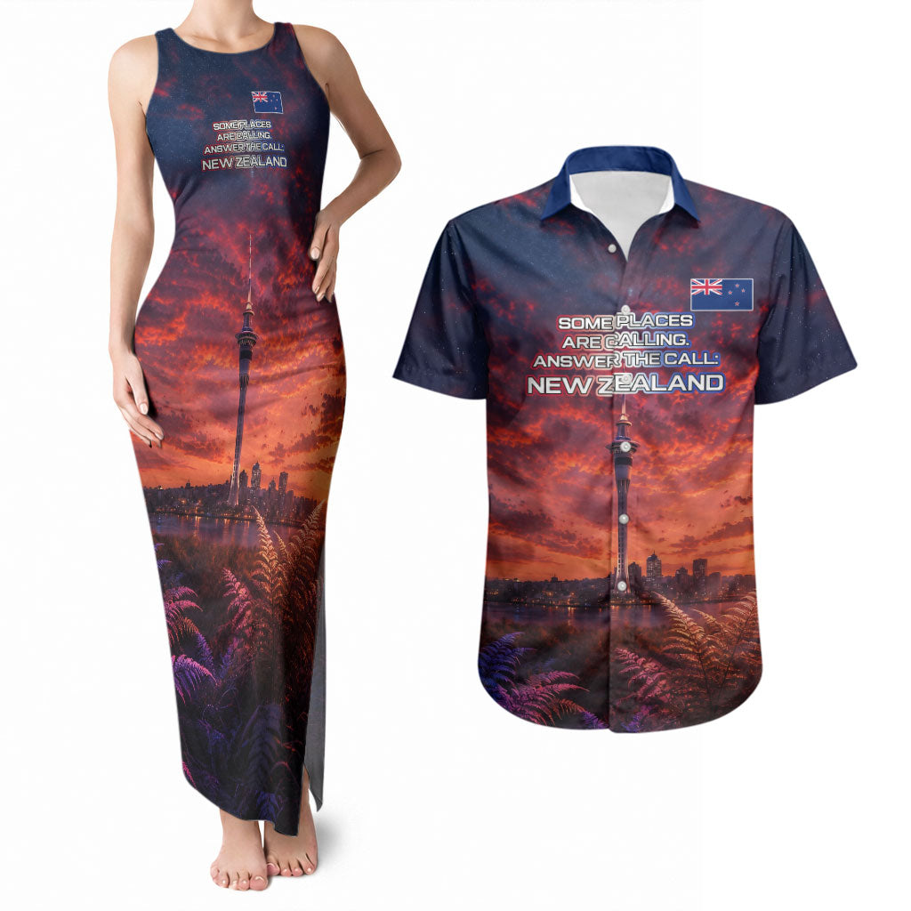 New Zealand Aotearoa Kiwi UFO Couples Matching Tank Maxi Dress and Hawaiian Shirt Sci-Fi Galaxy Sunset Sky Tower And Mountain