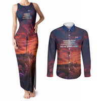 New Zealand Aotearoa Kiwi UFO Couples Matching Tank Maxi Dress and Long Sleeve Button Shirt Sci-Fi Galaxy Sunset Sky Tower And Mountain