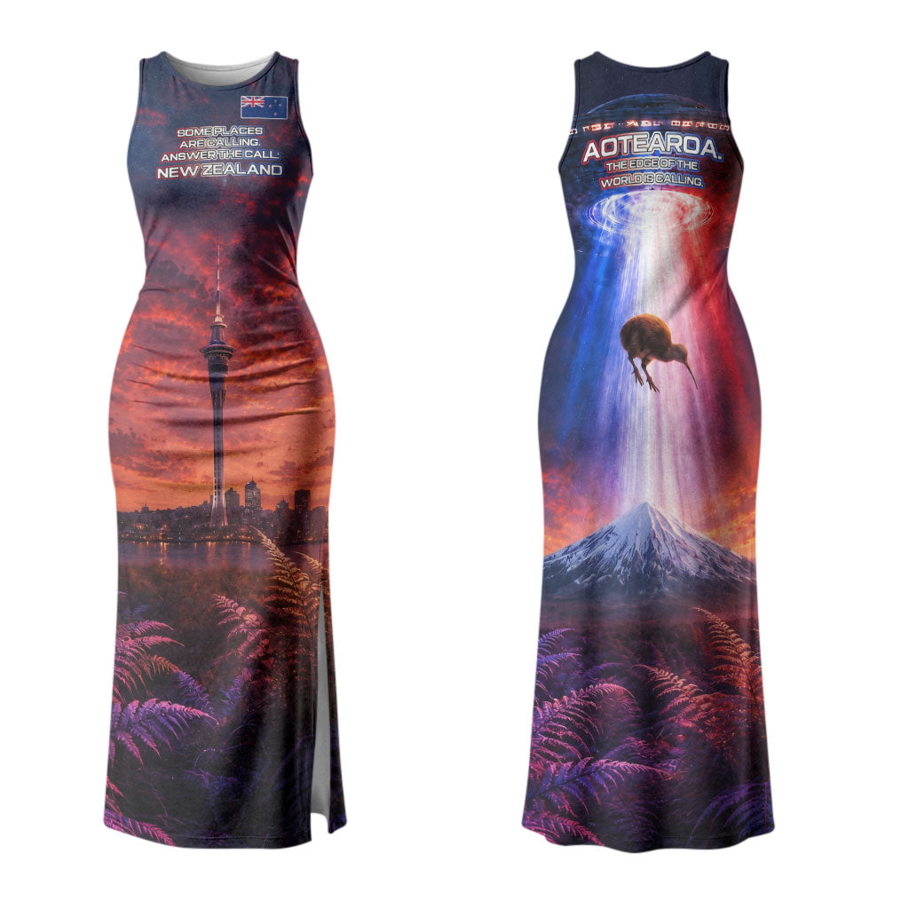 New Zealand Aotearoa Kiwi UFO Couples Matching Tank Maxi Dress and Long Sleeve Button Shirt Sci-Fi Galaxy Sunset Sky Tower And Mountain
