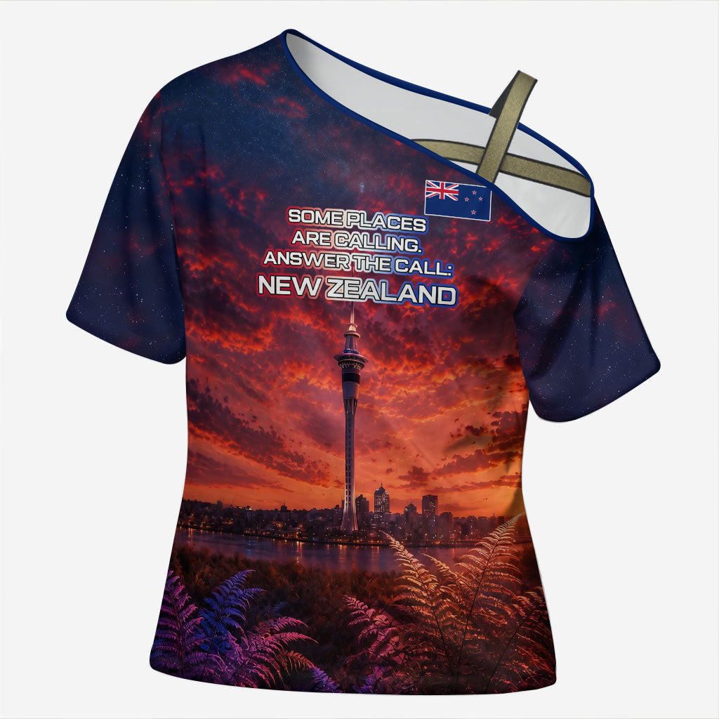 New Zealand Aotearoa Kiwi UFO Cross Shoulder Shirt Sci-Fi Galaxy Sunset Sky Tower And Mountain
