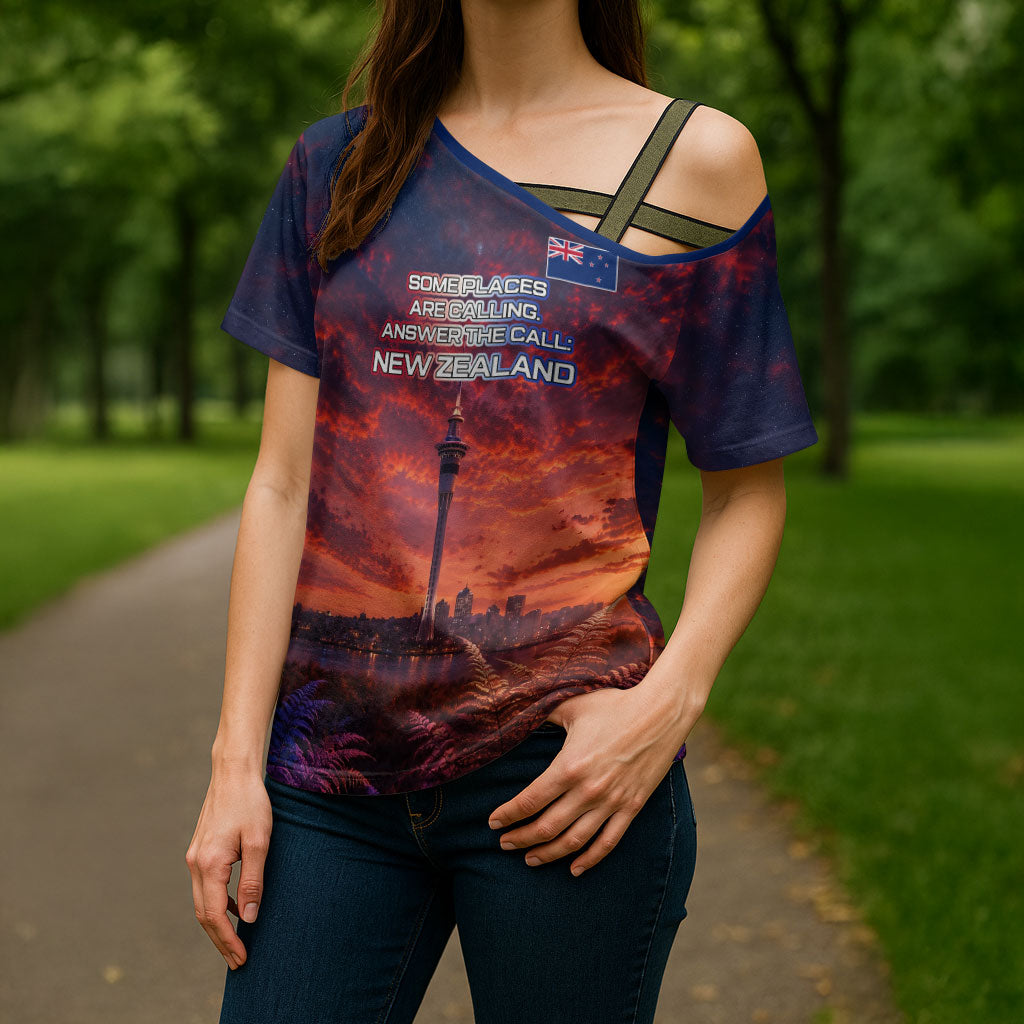 New Zealand Aotearoa Kiwi UFO Cross Shoulder Shirt Sci-Fi Galaxy Sunset Sky Tower And Mountain