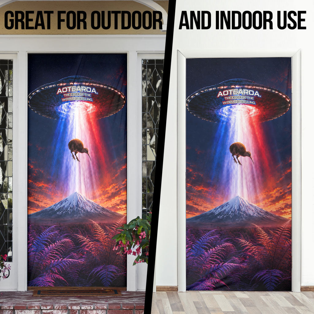 New Zealand Aotearoa Kiwi UFO Door Cover Sci-Fi Galaxy Sunset Sky Tower And Mountain