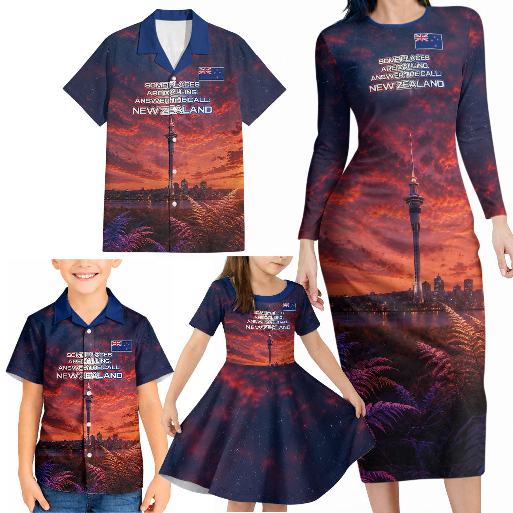 New Zealand Aotearoa Kiwi UFO Family Matching Long Sleeve Bodycon Dress and Hawaiian Shirt Sci-Fi Galaxy Sunset Sky Tower And Mountain