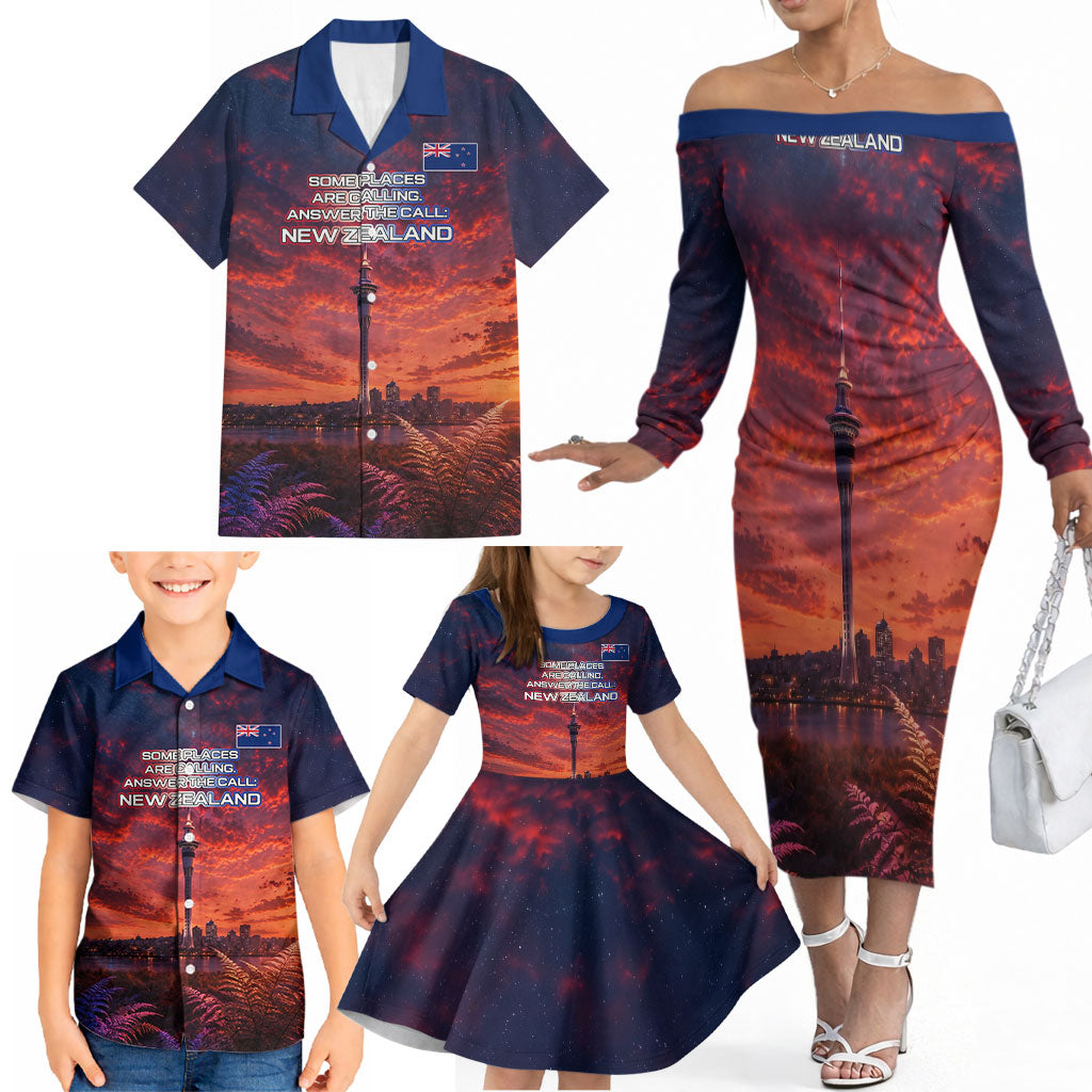 New Zealand Aotearoa Kiwi UFO Family Matching Off The Shoulder Long Sleeve Dress and Hawaiian Shirt Sci-Fi Galaxy Sunset Sky Tower And Mountain