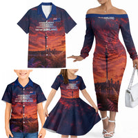 New Zealand Aotearoa Kiwi UFO Family Matching Off The Shoulder Long Sleeve Dress and Hawaiian Shirt Sci-Fi Galaxy Sunset Sky Tower And Mountain