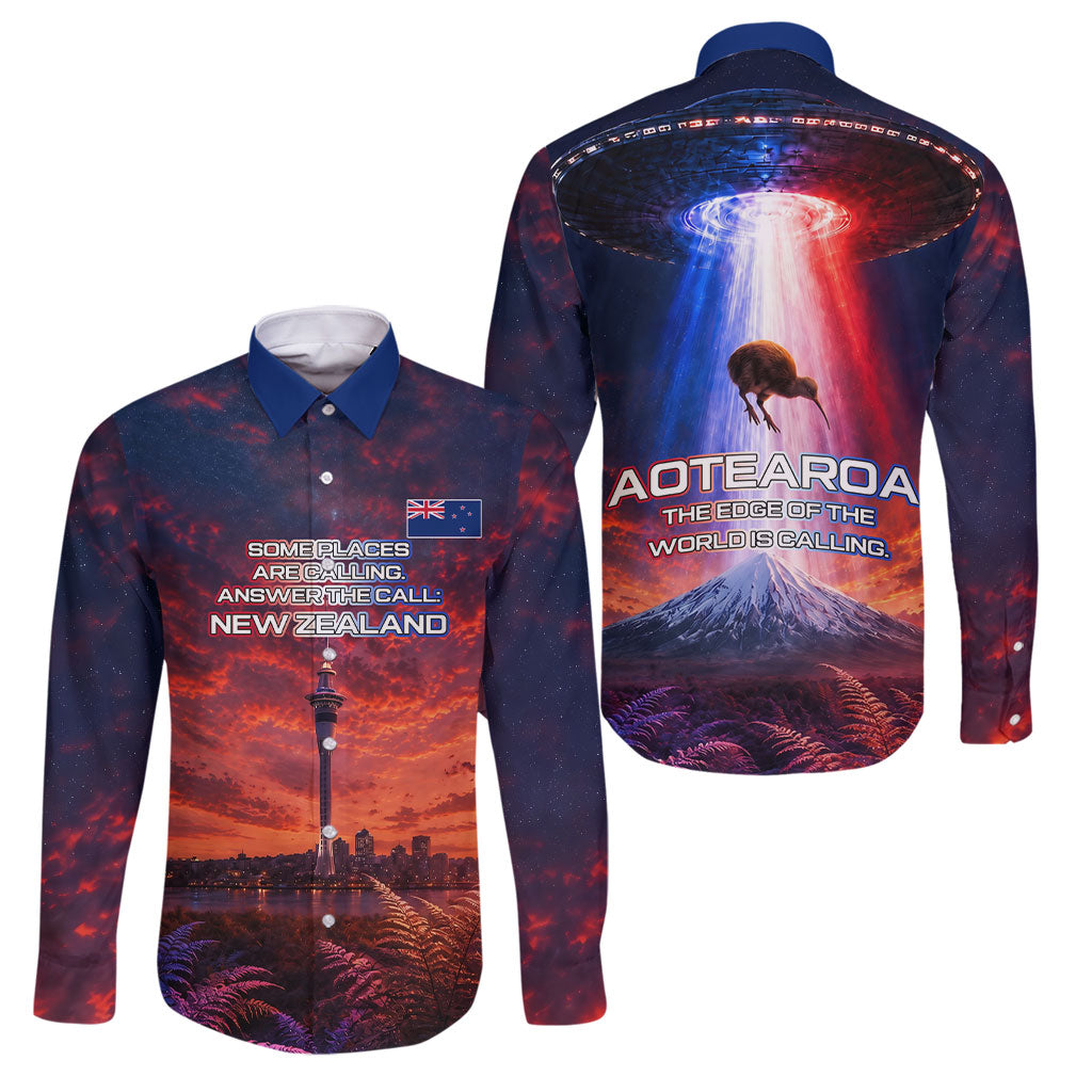 New Zealand Aotearoa Kiwi UFO Family Matching Off Shoulder Maxi Dress and Hawaiian Shirt Sci-Fi Galaxy Sunset Sky Tower And Mountain