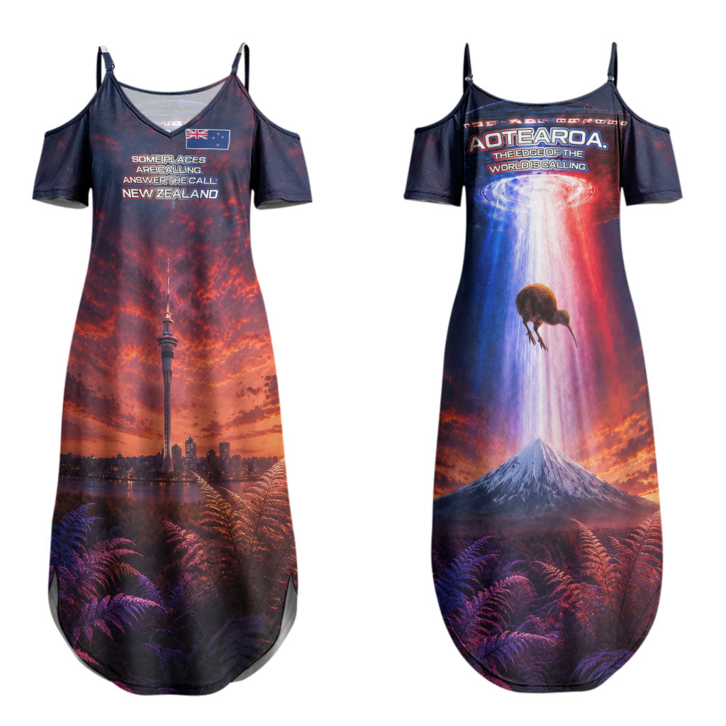 New Zealand Aotearoa Kiwi UFO Family Matching Summer Maxi Dress and Hawaiian Shirt Sci-Fi Galaxy Sunset Sky Tower And Mountain