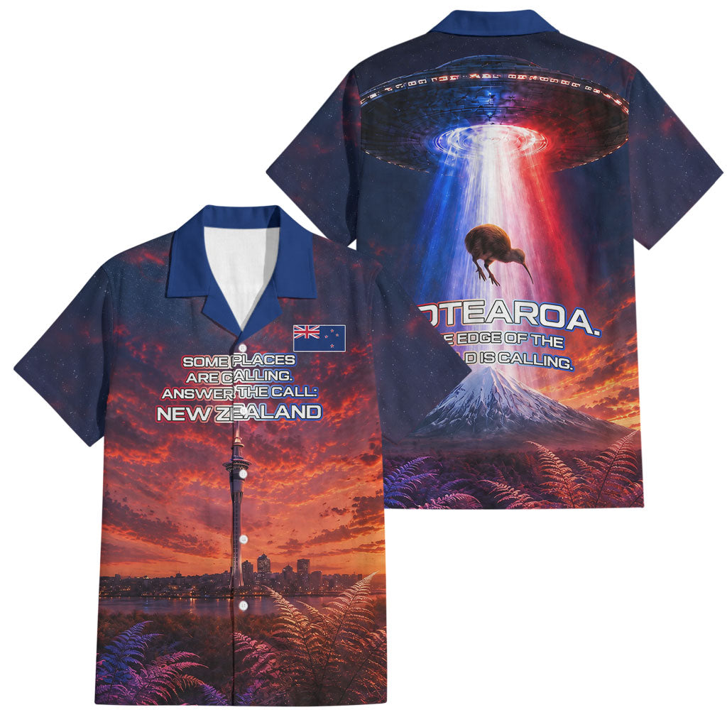 New Zealand Aotearoa Kiwi UFO Family Matching Summer Maxi Dress and Hawaiian Shirt Sci-Fi Galaxy Sunset Sky Tower And Mountain
