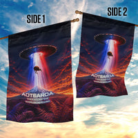 New Zealand Aotearoa Kiwi UFO Garden Flag Sci-Fi Galaxy Sunset Sky Tower And Mountain