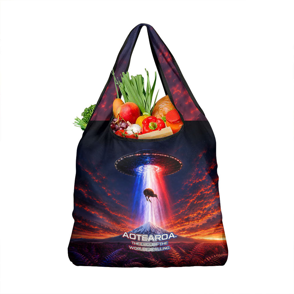 New Zealand Aotearoa Kiwi UFO Grocery Bag Sci-Fi Galaxy Sunset Sky Tower And Mountain