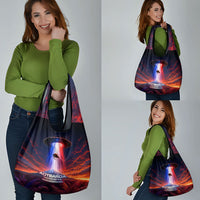 New Zealand Aotearoa Kiwi UFO Grocery Bag Sci-Fi Galaxy Sunset Sky Tower And Mountain