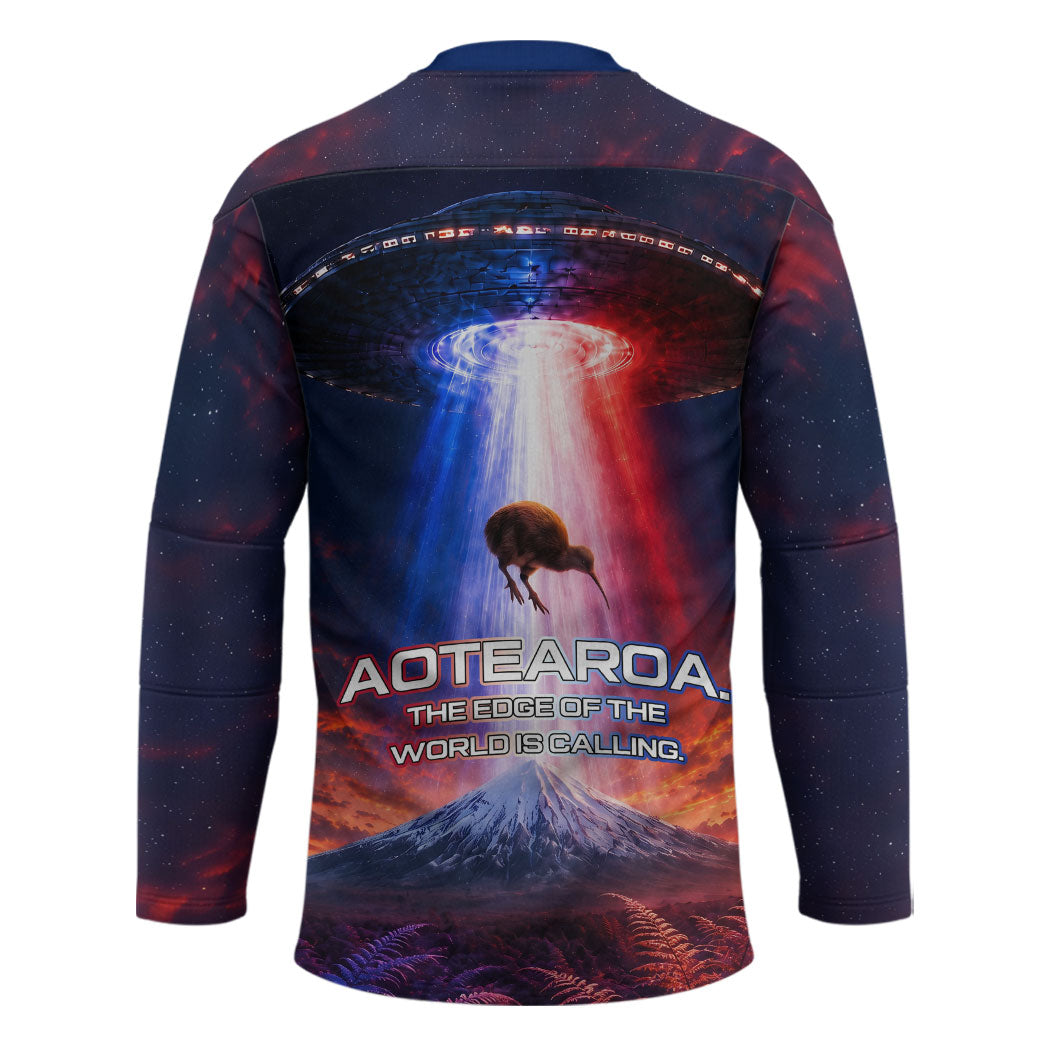 New Zealand Aotearoa Kiwi UFO Hockey Jersey Sci-Fi Galaxy Sunset Sky Tower And Mountain