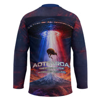 New Zealand Aotearoa Kiwi UFO Hockey Jersey Sci-Fi Galaxy Sunset Sky Tower And Mountain