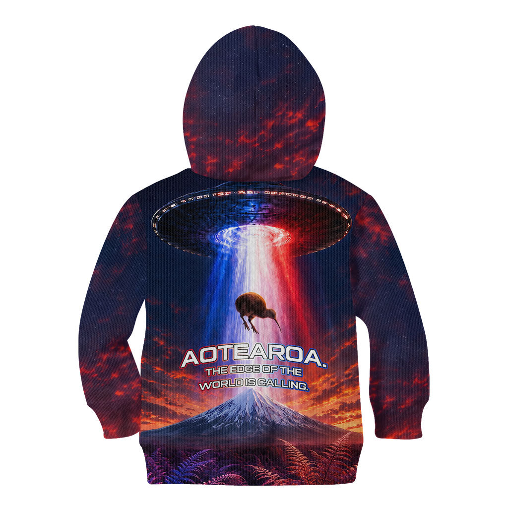 New Zealand Aotearoa Kiwi UFO Kid Hoodie Sci-Fi Galaxy Sunset Sky Tower And Mountain
