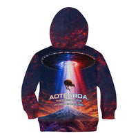 New Zealand Aotearoa Kiwi UFO Kid Hoodie Sci-Fi Galaxy Sunset Sky Tower And Mountain