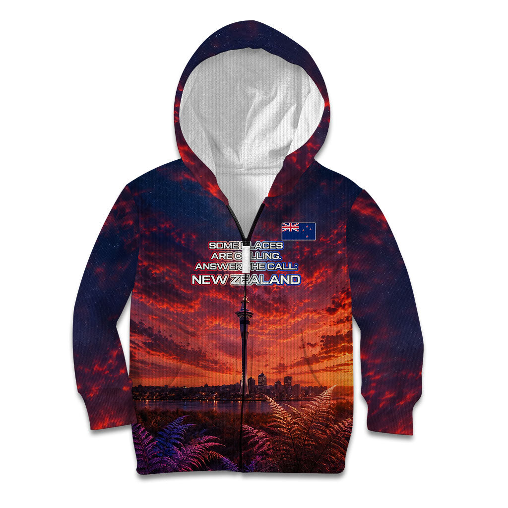 New Zealand Aotearoa Kiwi UFO Kid Hoodie Sci-Fi Galaxy Sunset Sky Tower And Mountain